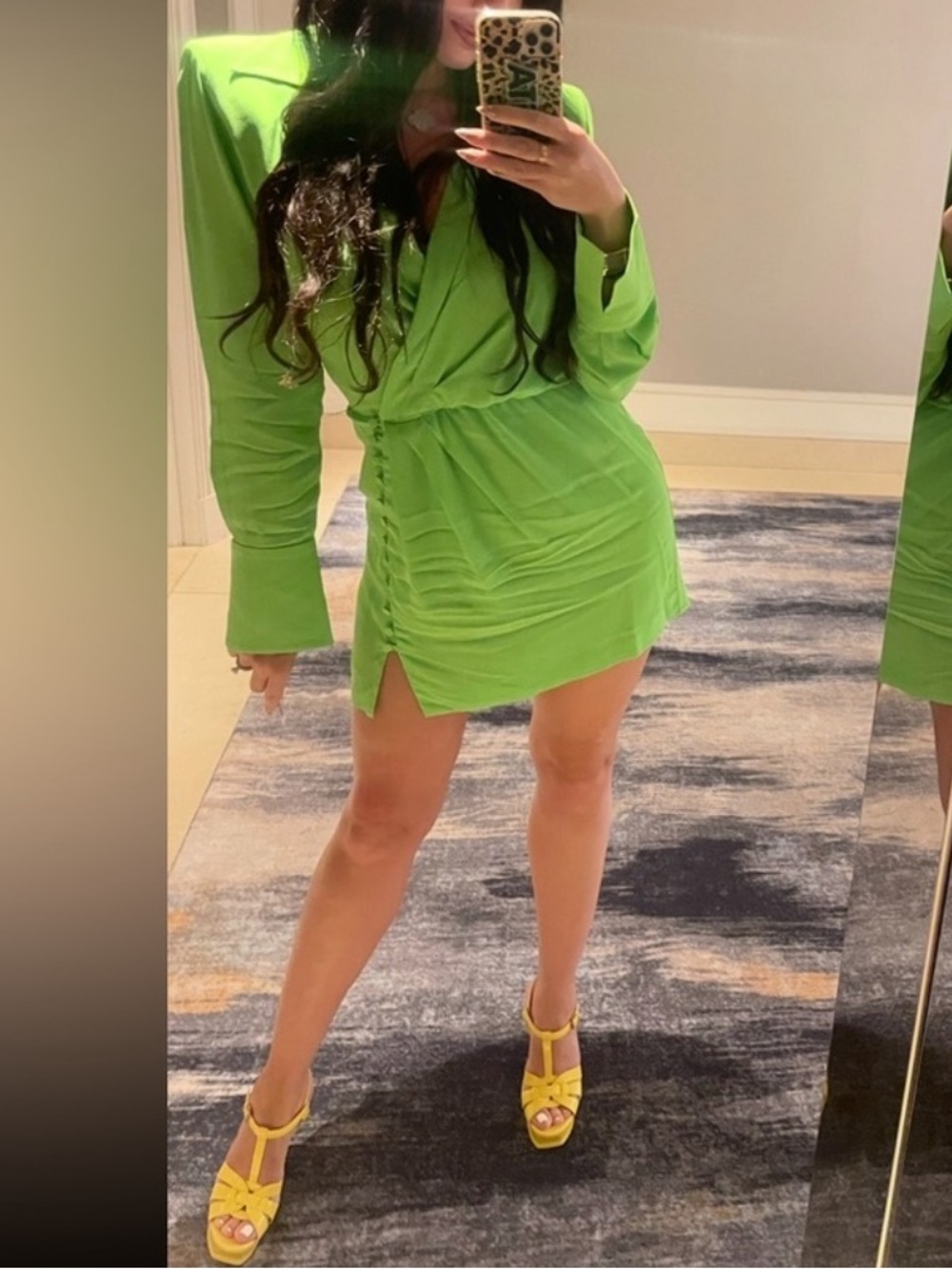 Zara Lime Green Ruched Mini Dress with Strong Shoulders